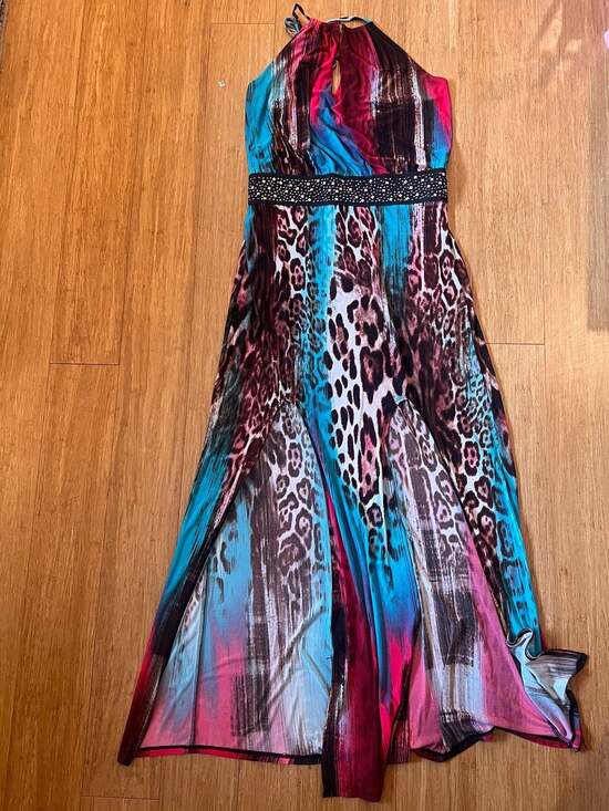 Venus Jungle Party Halter Maxi Dress with Beaded Waist Size Medium - Picture 2 of 4